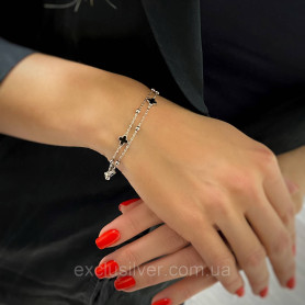 Браслет срібний з чорними конюшинами з емалі