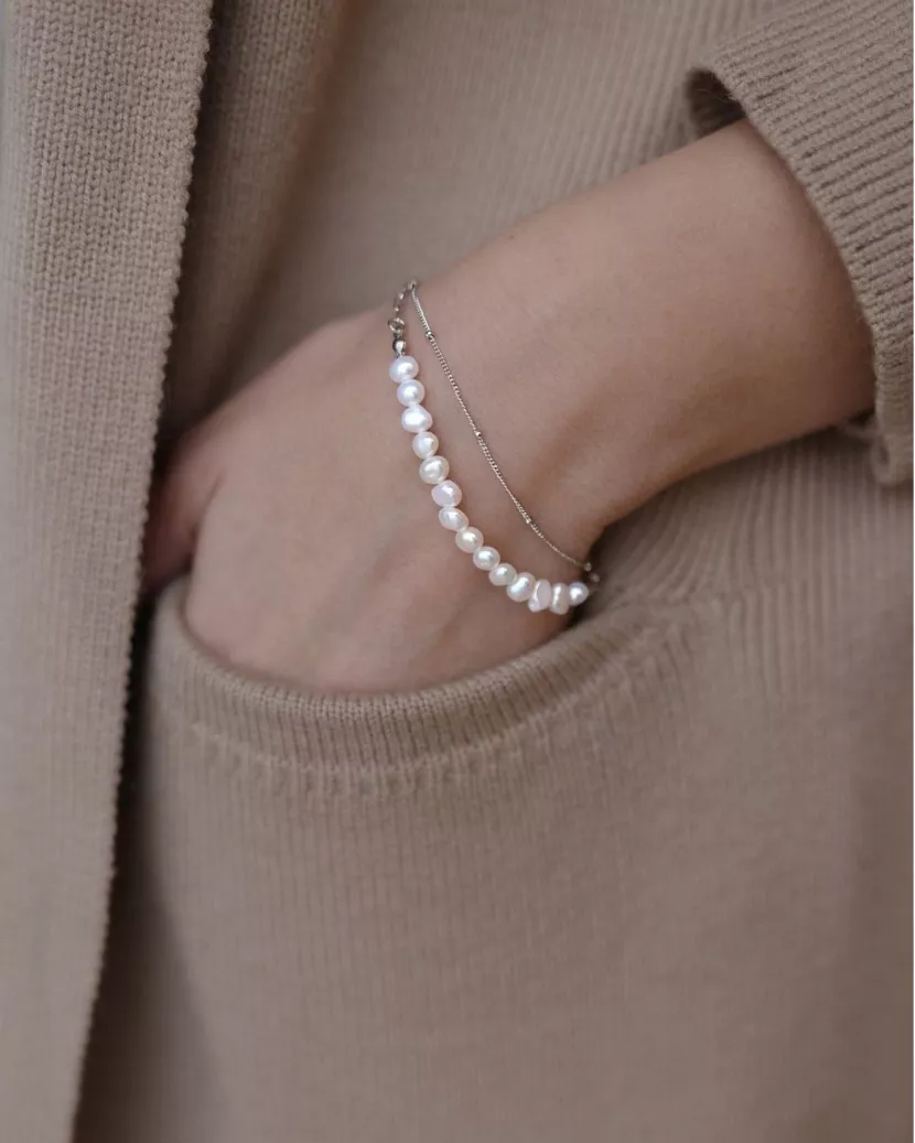 Браслет срібний з барочними перлами подвійний 007105
