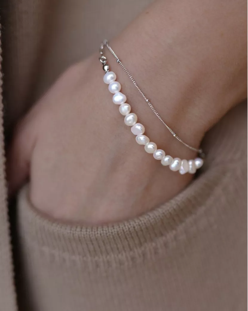 Браслет срібний з барочними перлами подвійний 007105