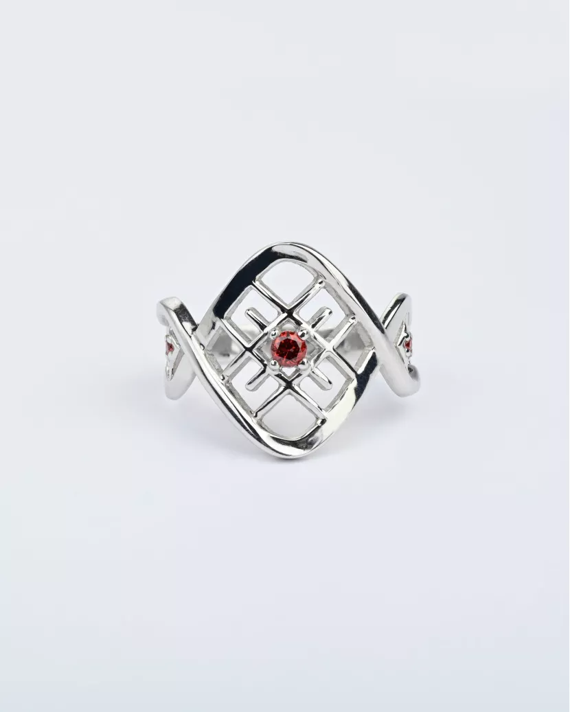 Каблучка срібна ДНК Нації з гранатовим цирконієм 007072