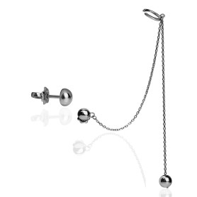 Серьги ассиметричные серебряные - пусет и каффа с шариком на цепочке 000005