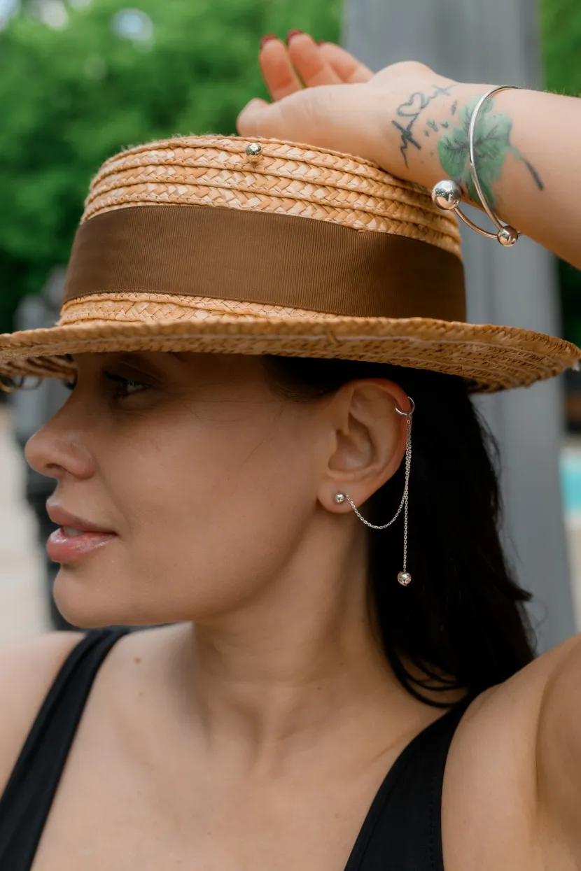 Серьги ассиметричные серебряные - пусет и каффа с шариком на цепочке 000005