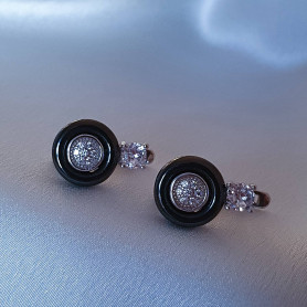 Серебряные серьги с черной керамикой и цирконием бриллиантовой огранки 003378