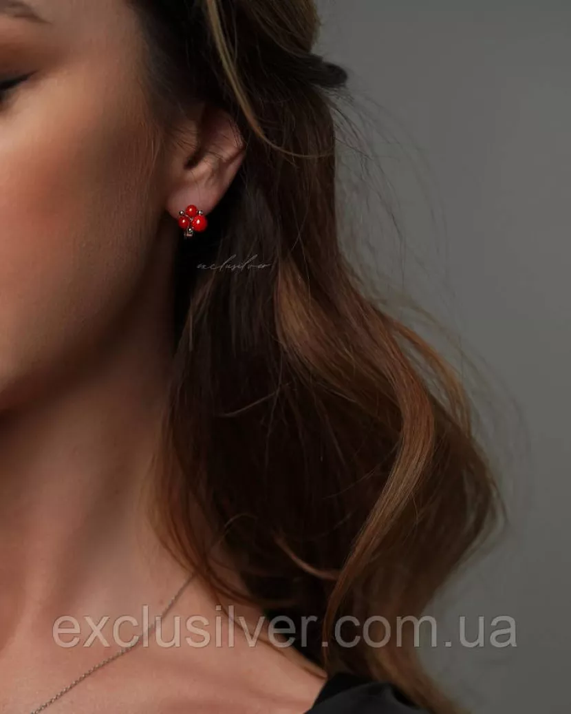 Серебряные сережки Калина з коралом, 925 проба 006291