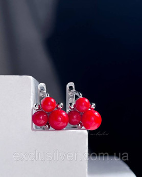 Серебряные сережки Калина з коралом, 925 проба 006291