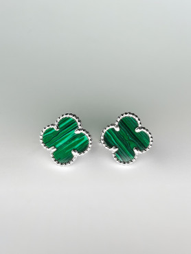 Сережки срібні Клевер 1,5см з малахітом 002677
