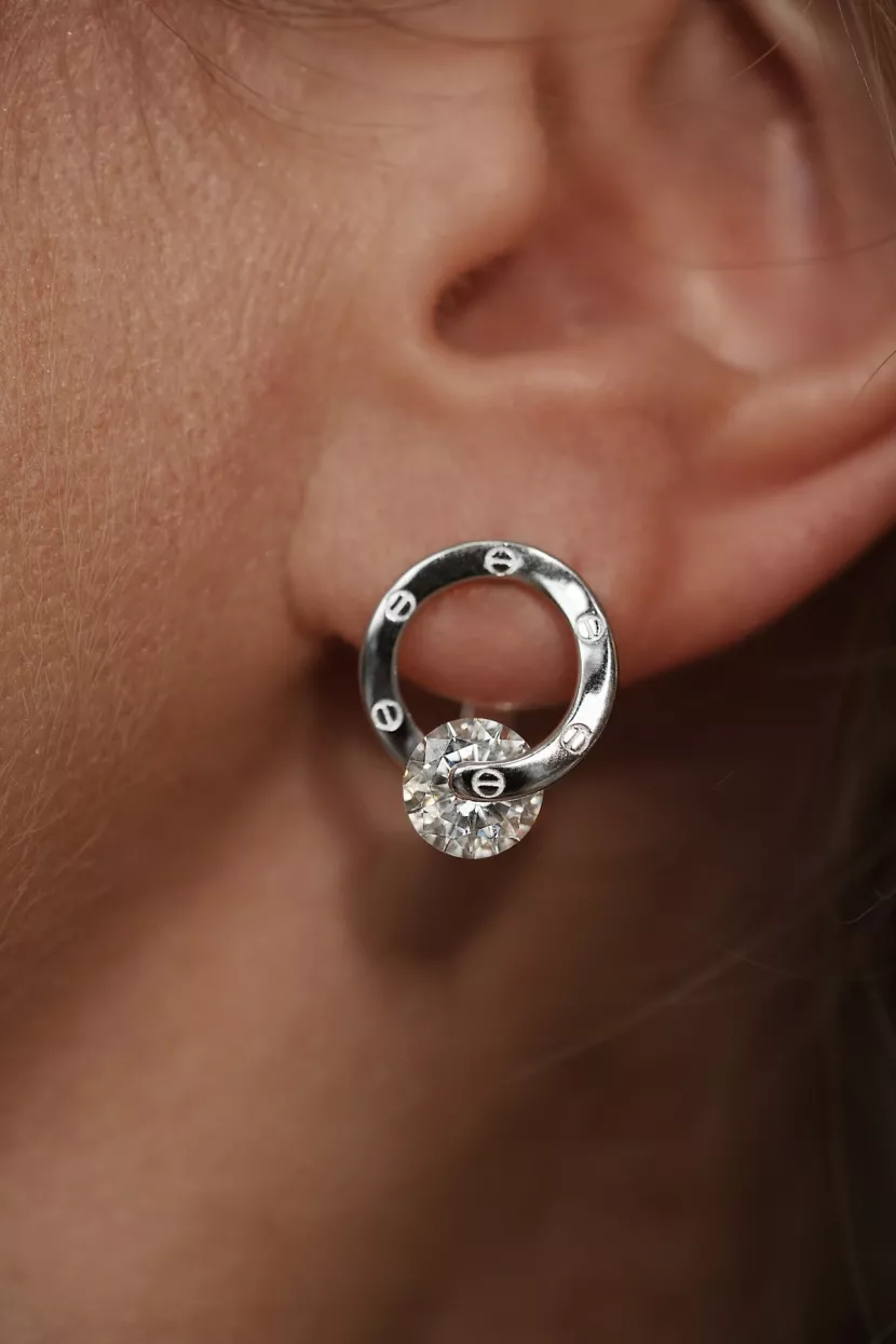 Серьги серебряные круглые с вращающимся камнем