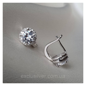 Серьги серебряные с крупным цирконием и россыпью бриллиантовой огранки 003852