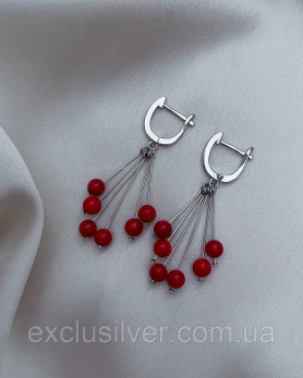 Срібні сережки Гроно калини з коралом, 925 проба