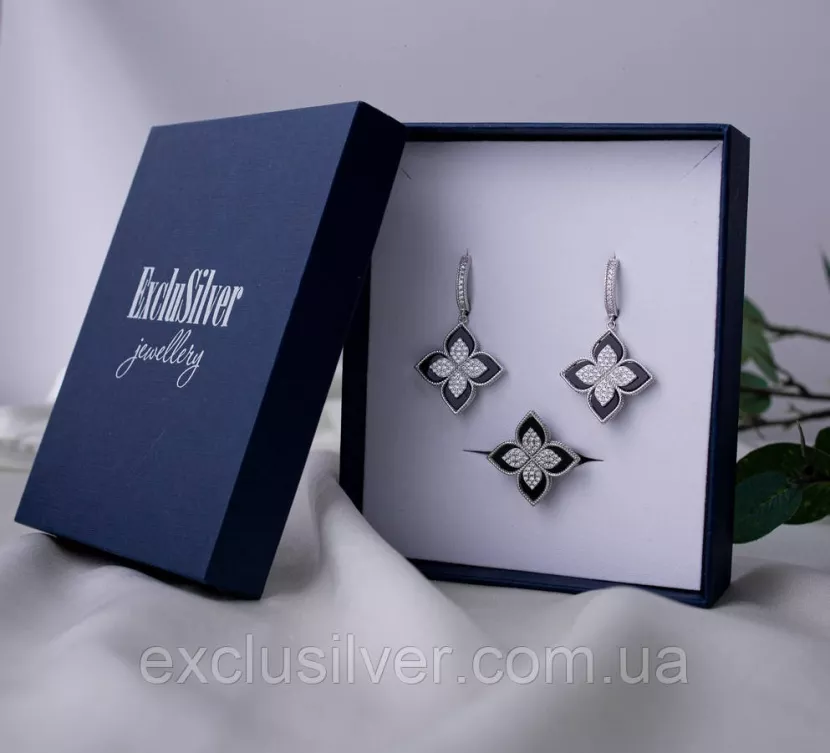 Срібні сережки з оніксом Квітка EXCLUSILVER 925 проби