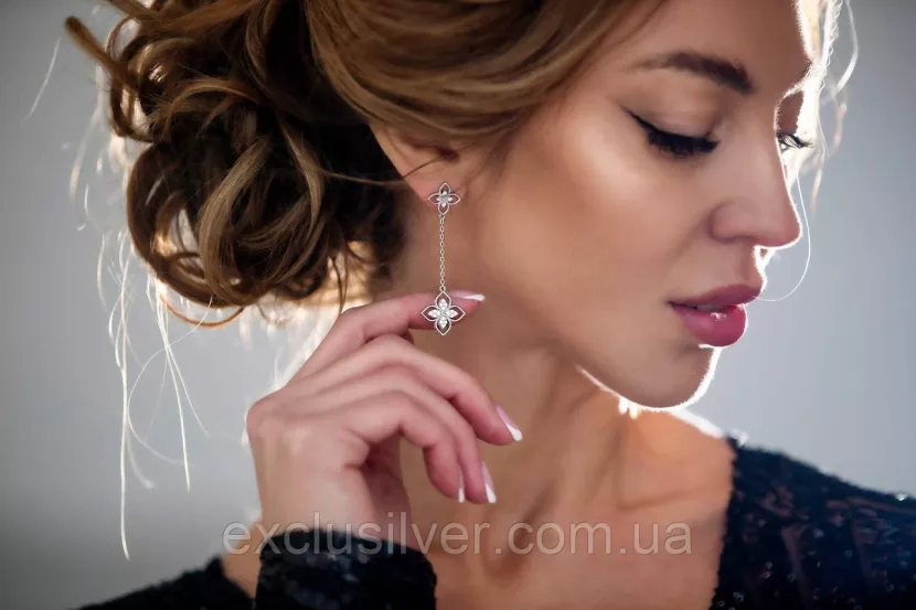 Срібні сережки висячі Клевери 002907