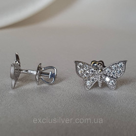 Серебряные пусеты (гвоздики) на закрутке Бабочки