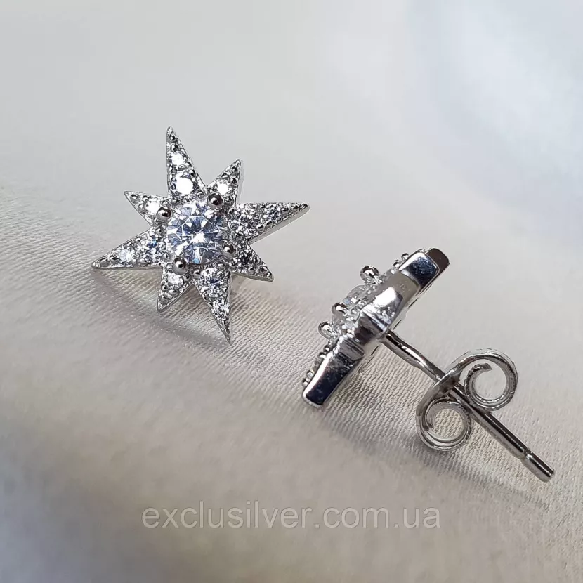 Сережки - пусети (гвоздики) срібні із цирконієм діамантової огранки Зірки