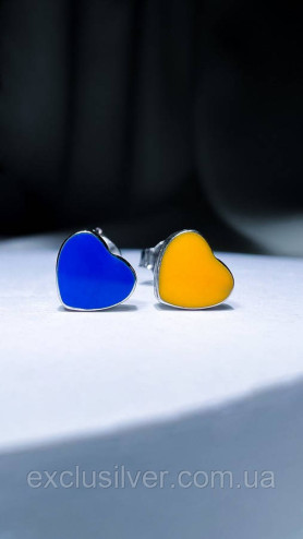 Сережки - пусети (гвоздики) срібні із жовто-блакитною емаллю Серця