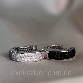 Сережки - кільця срібні з чорним і білим цирконієм діамантової огранки