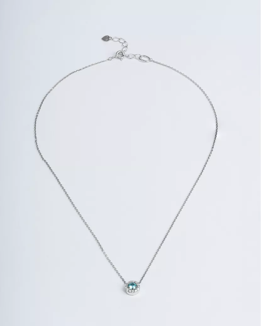 Срібне кольє з підвісом із блакитного цирконію діамантової огранки і розсипом по колу 006609