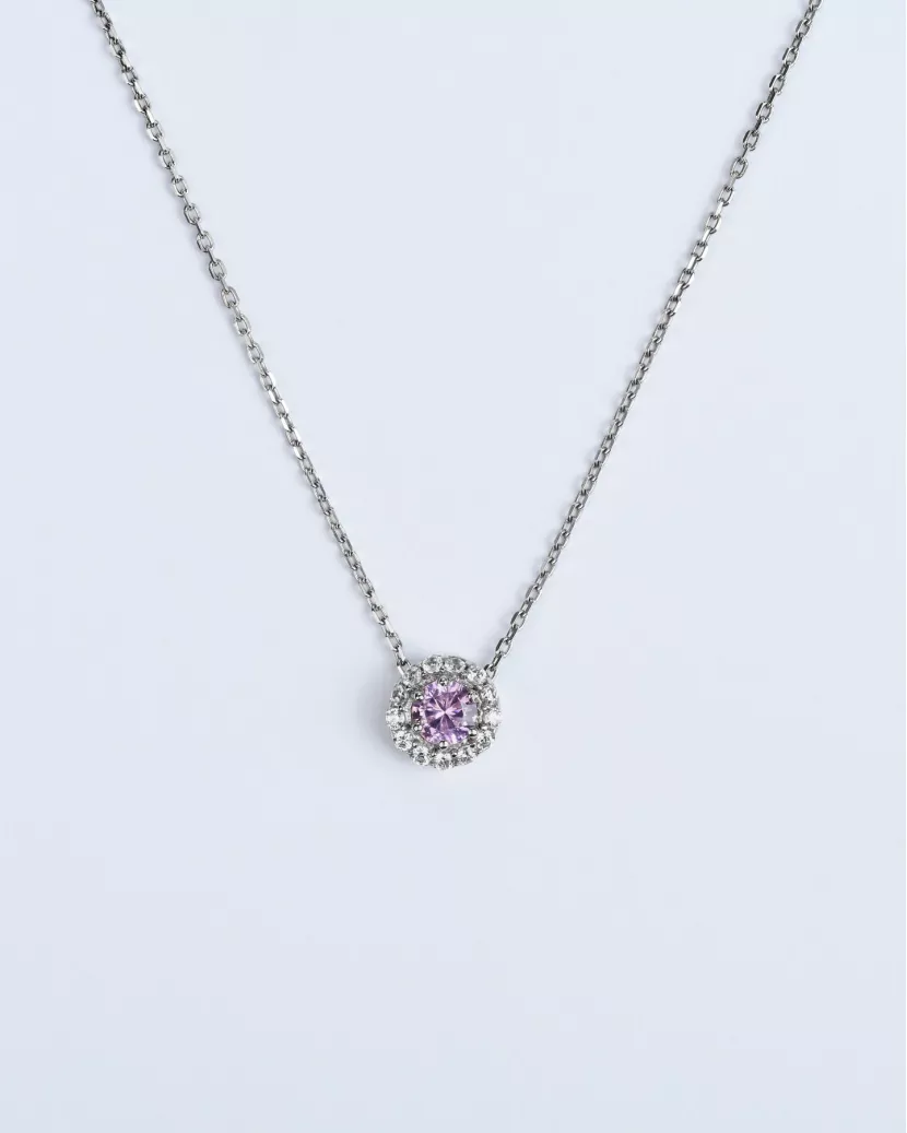 Срібне кольє з підвісом із рожевого цирконію діамантової огранки і розсипом по колу 006612