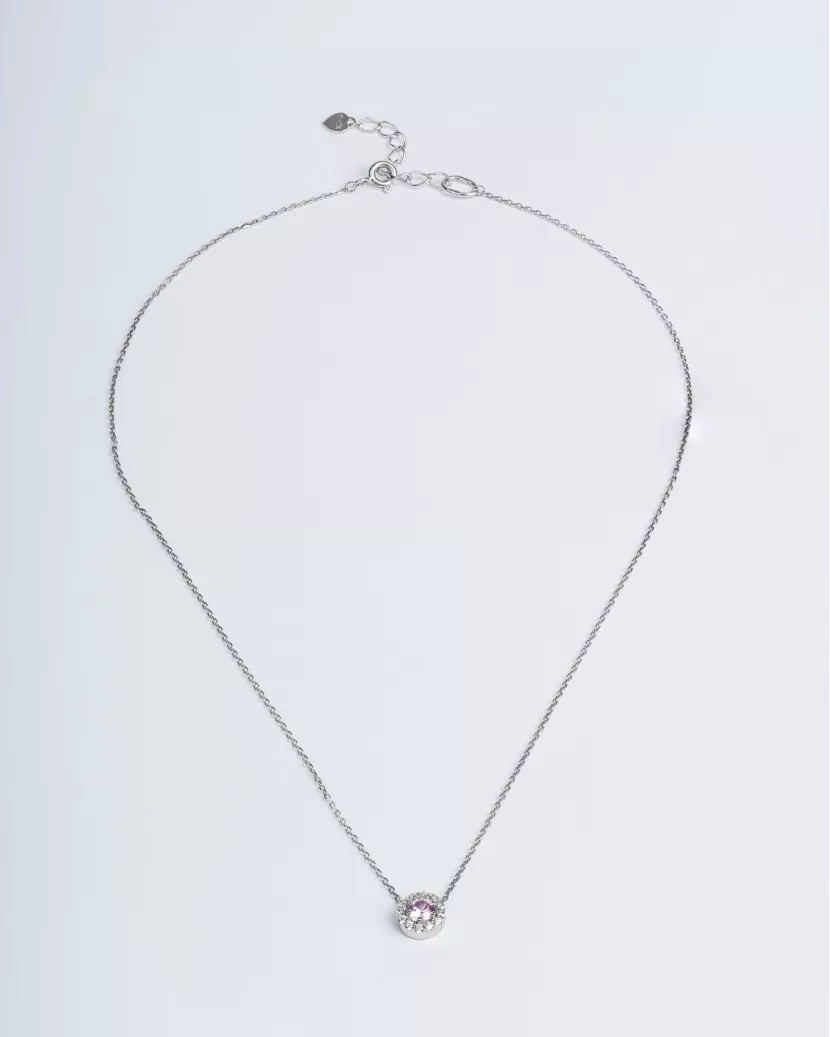 Срібне кольє з підвісом із рожевого цирконію діамантової огранки і розсипом по колу 006612