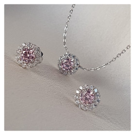 Срібне кольє з підвісом із рожевого цирконію діамантової огранки і розсипом по колу 006612