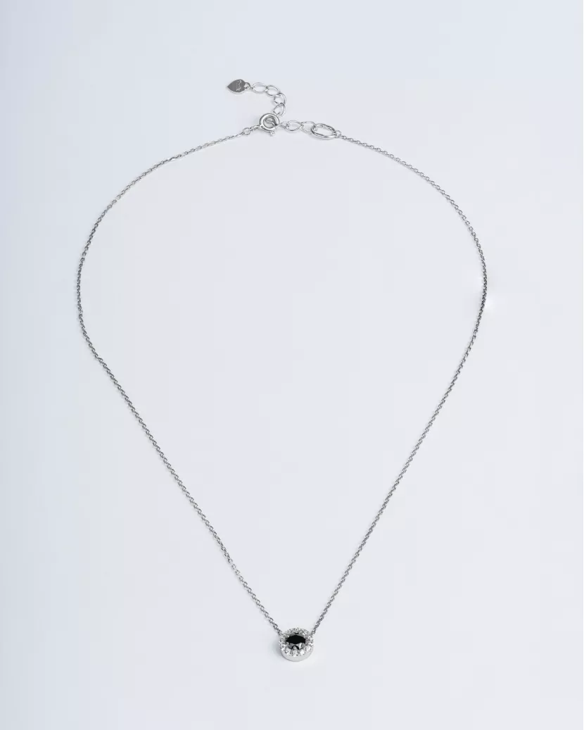 Срібне кольє з підвісом із чорного цирконію діамантової огранки і розсипом по колу 006613