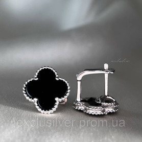 Cрібні сережки Клевер 1,5см з оніксом 002605