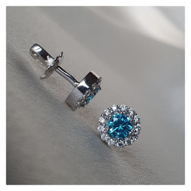 Сережки - пусети (гвоздики) з блакитним цирконієм і розсипом діамантової огранки