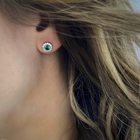 Сережки - пусети (гвоздики) з зеленим цирконієм і розсипом діамантової огранки