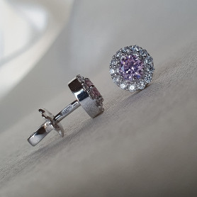 Сережки - пусети (гвоздики) з рожевим цирконієм і розсипом діамантової огранки