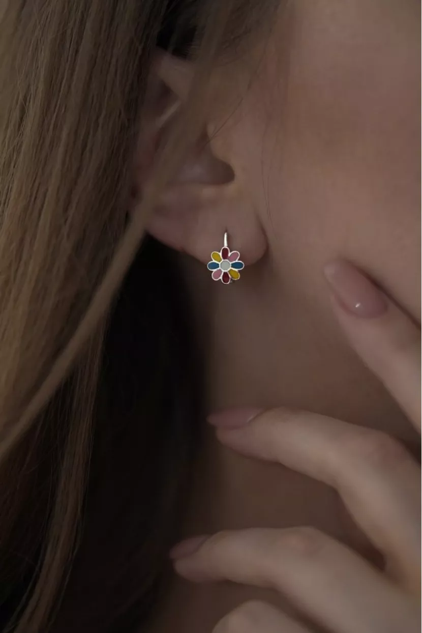 Серьги серебряные с цветной эмалью Цветочки