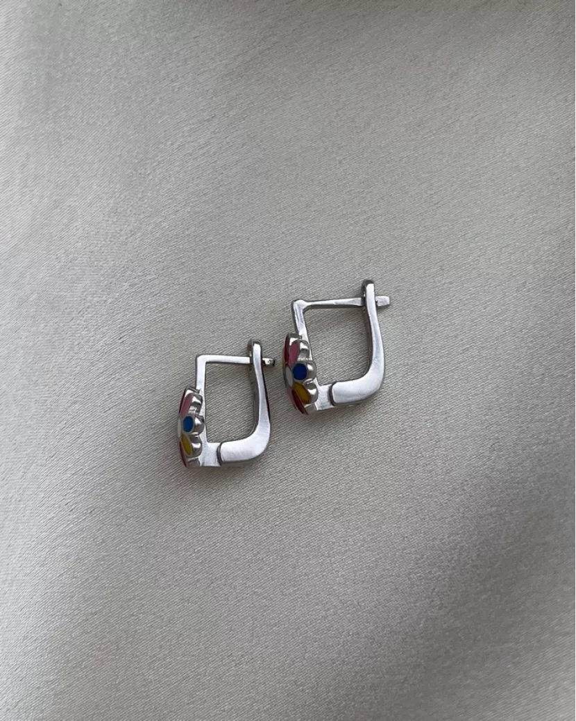 Серьги серебряные с цветной эмалью Цветочки