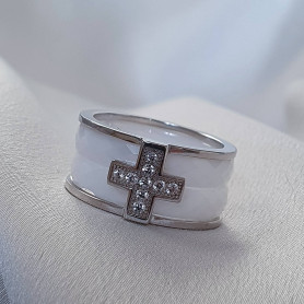 Каблучка срібна з білою керамікою і хрестом з цирконієм діамантової огранки