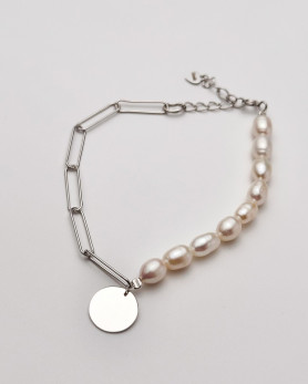 Браслет срібний з перлами, ланцюжком та монеткою 006521