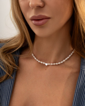 Кольє срібне з барочними перлами та серцем 006522