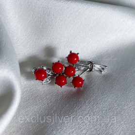 Брошка срібна Гілка калини з природнім коралом