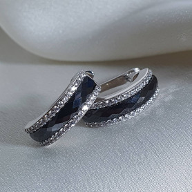 Серебряные серьги с черной керамикой и цирконием бриллиантовой огранки 003376