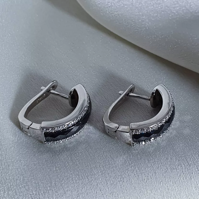 Серебряные серьги с черной керамикой и цирконием бриллиантовой огранки 003376