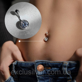 Пірсинг срібний в пупок з крупним цирконієм діамантового огранювання