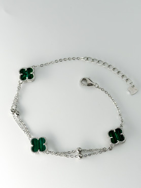 Браслет срібний з малахітом Клевер 1см 000008