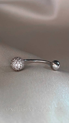 Пірсинг в пупок срібний Кулька з цирконієм діамантового огранювання