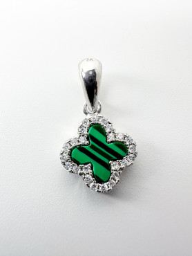 Підвіс срібний з малахітом та цирконієм діамантового огранювання Клевер 1см 006446