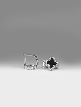 Cрібні сережки з оніксом та цирконієм діамантового огранювання Клевер 1см 002606