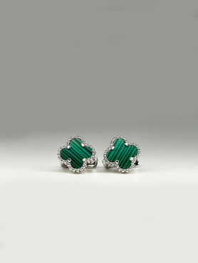 Сережки срібні Клевер 1см з малахітом 002676