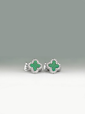 Сережки срібні з малахітом та цирконієм діамантового огранювання Клевер 1см 006445