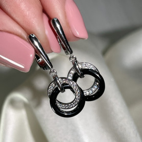 Срібні сережки з чорною керамікою та цирконієм діамантового огранювання 003351