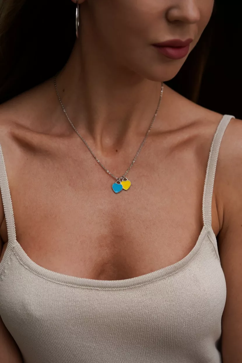 Срібне кольє Серця із жовто-блакитною емаллю Ukraine