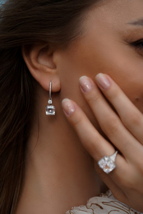 Серьги серебряные с подвеской Квадратный цирконий багетной огранки