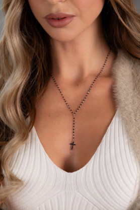 Срібне кольє-краватка з чорною емаллю та хрестиком