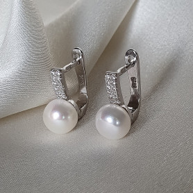 Серьги серебряные с жемчугом и цирконием 002343