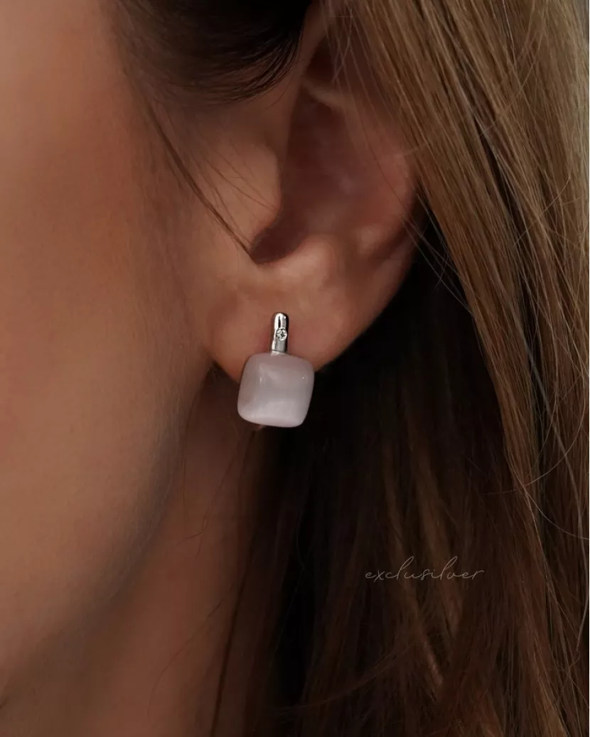 Серьги серебряные с розовым Кошачим глазом