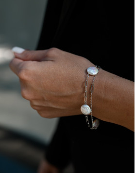Браслет срібний з барочними перлами та ланцюжком подвійний 006951